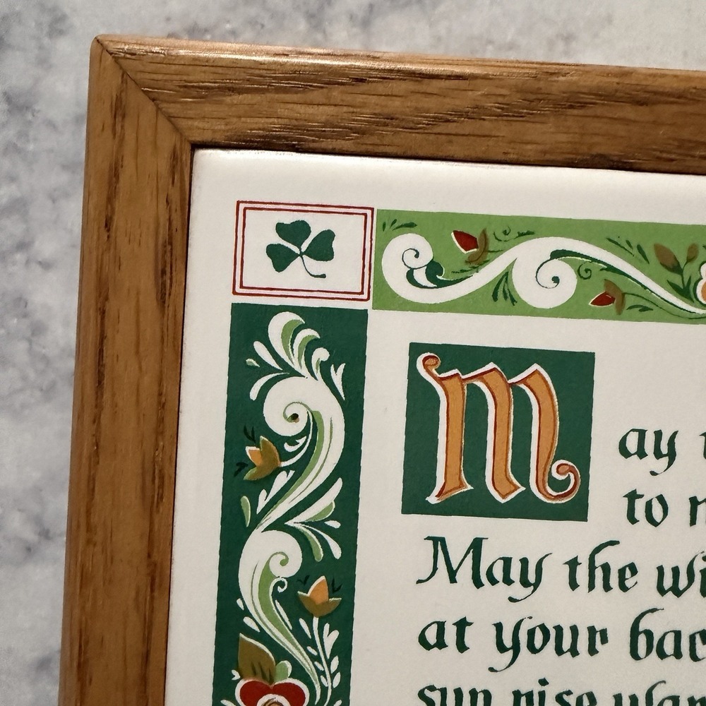 Berggren Ceramic Kitchen Blessing Prayer Wood Framed Tile Trivet Irish Clover - Picture 3 of 5